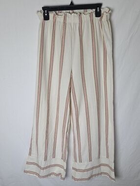 Billabong Womens Cream Striped Wide-Leg Pants Cotton/Flax Blend Size Large